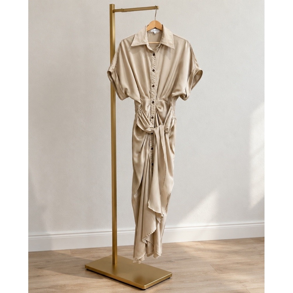 MABLE Satin Midi Button Down Ruched Shirt Dress Medium Champagne Gold